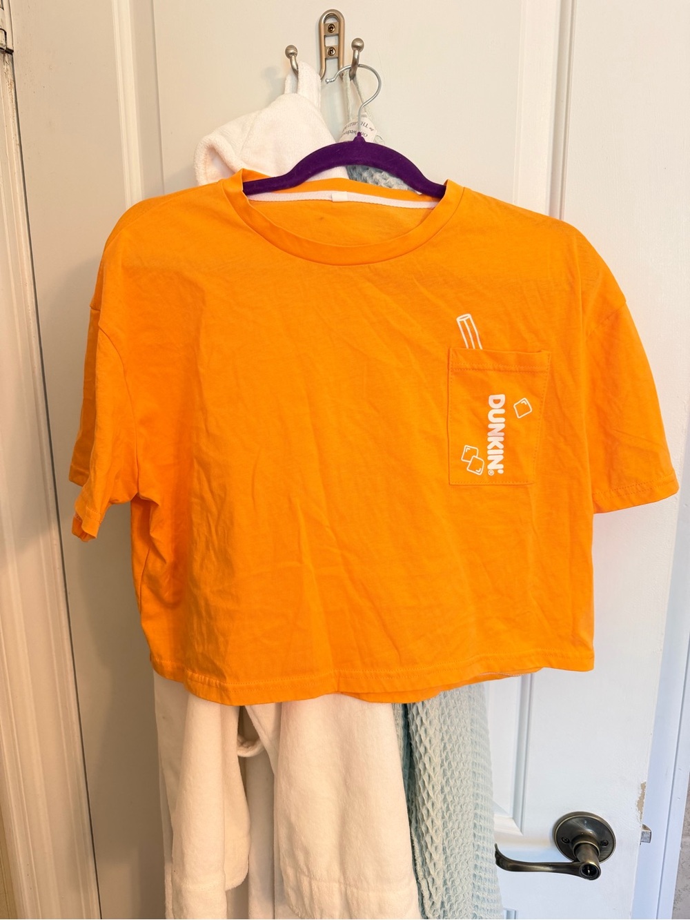 Dunkin Donuts bright orange cropped tee